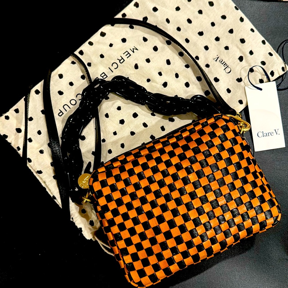 Clare V. Midi Sac Black & Natural Woven Checker w extra short Chain Strap